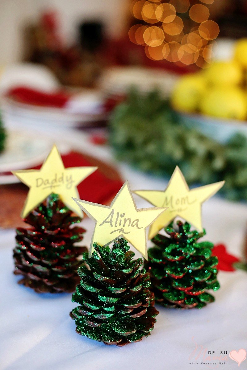 Pinecone Crafts: Glitter Name Cards for Christmas Table