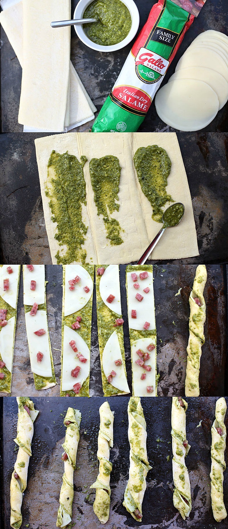 Cheese Stuffed Breadsticks with Salami and Pesto
