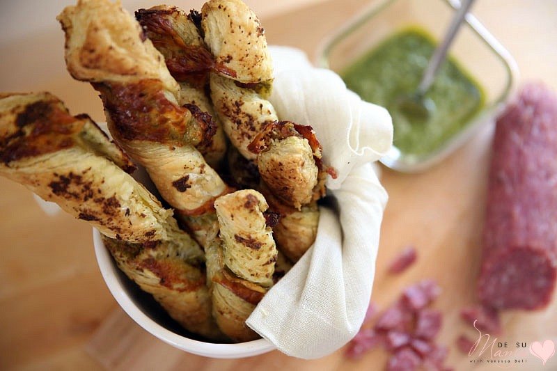 Cheese Stuffed Breadsticks with Salami and Pesto