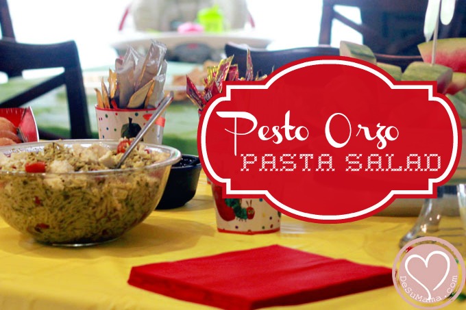 pesto pasta salad, pasta salad recipe, orzo pasta recipe, pesto pasta, very hungry caterpillar party, party food
